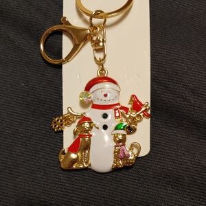Festive Snowman Keychain with Gold-tone Puppies